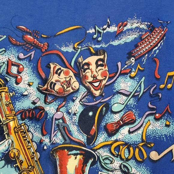 Vintage New Orleans T-Shirt Mens Large Blue Saxophone 90s Mardi Gras Streetwear - Picture 4 of 9